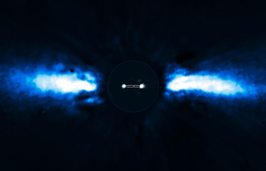 Imageamento direto Imagem direta de um exoplaneta em torno da estrela β-pictoris mostrando duas posições do planeta (2003 e 2009), com uma linha