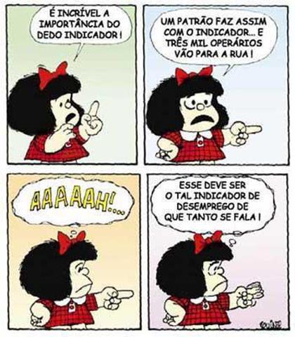 b) Mafalda não sabe a importância do dedo indicador. c) A expressão dedo indicador é utilizada de maneira metafórica pelo autor da tirinha.