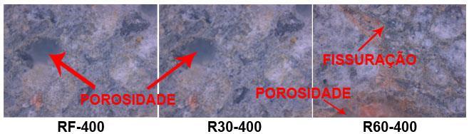 12 A Figura 4, mostra que quando aquecidas a 400 o C, as amostras apresentaram aumento em sua porosidade, bem como pode-se perceber o aparecimento de algumas fissuras na estrutura.