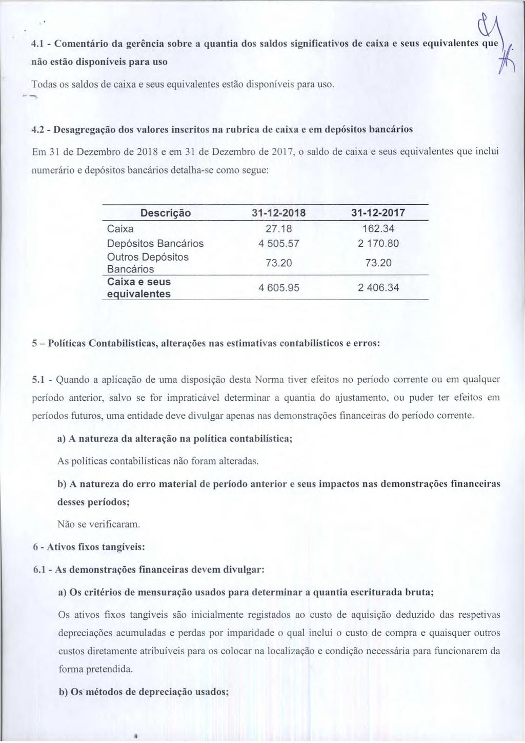 4.1 - Comentário da gerência sobre a quantia dos saldos significativos de caixa e seus equivalentes que não estão disponiveis para uso Todas os saldos de caixa e seus equivalentes estão disponiveis