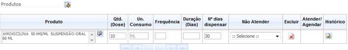 Para exemplificar, demonstraremos o registro de uma prescrição de Amoxilina 50 mg/ml suspenção oral, 10 ml de 8 em 8 horas, por 10 dias.