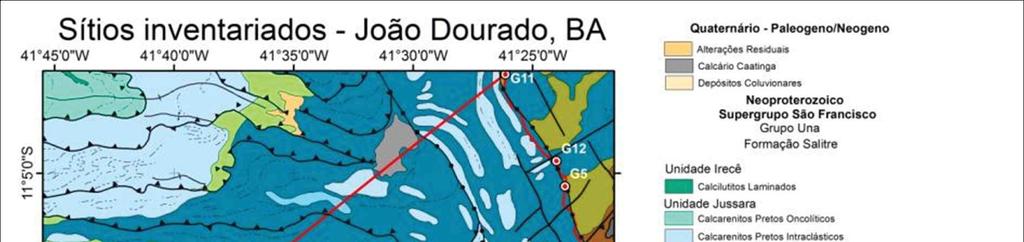 Figura 2 Localização dos locais de interesse identificados no município de João Dourado sobre base do Mapa Geológico - Folha SC.24-Y-C Jacobina 1:250.000. Modificado de CPRM (1998).