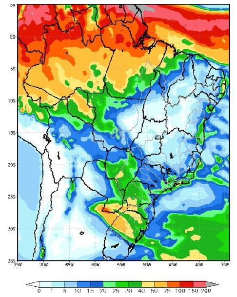 Na próxima semana o avanço de duas frentes frias uma no início e outra no fim da semana ocasionam chuva fraca a moderada nas bacias dos rios Jacuí, pelos estados da região Sul ocasiona chuva fraca a