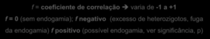 f = coeficiente de correlação varia de -1 a +1 f = 0 (sem endogamia); f