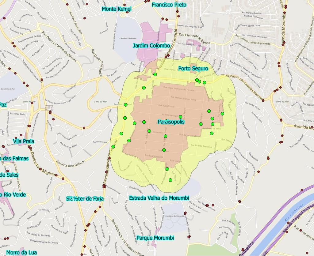 primeiros estudos de mobilidade - Contorno oficial as favelas de São Paulo (Prefeitura SP, 2014) - Buffer de 300 metros. - 25 pontos de ônibus, nenhum metrô/trem/monotrilho.