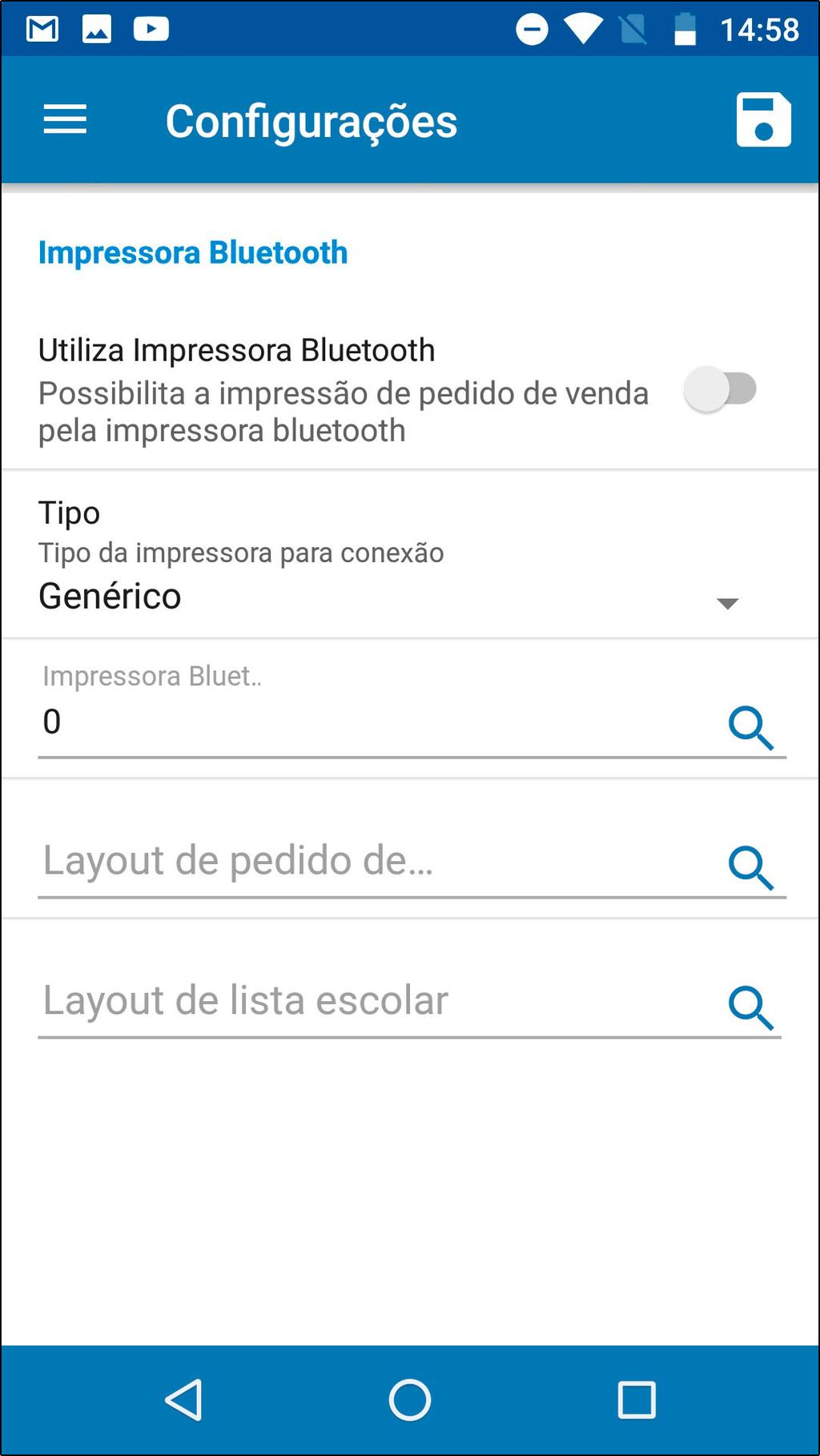Utiliza Impressora Bluetooth: Com esta opção habilitada o aplicativo
