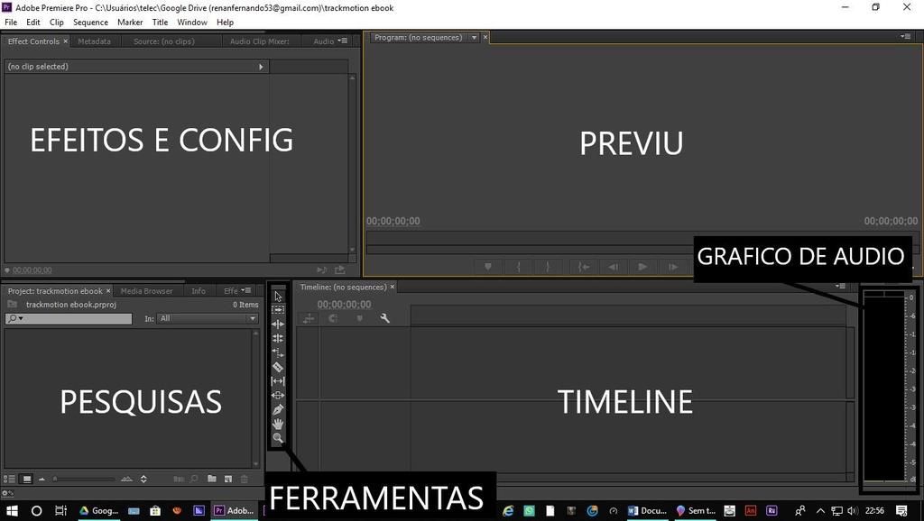 Previu Local onde você verá todas suas edições no vídeo clicando com o botão espaço em seu teclado. No previu é onde você assiste enquanto edita. Timeline Local onde você organiza sua edição.