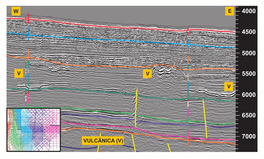 Feições de cones vulcânicos individualizados são evidentes em linhas sísmicas, e algumas dessas feições já foram atravessadas por poços exploratórios (fig. 6).