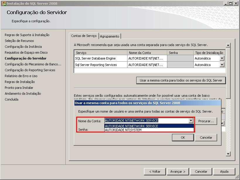 Veja que a conta é adicionada para os dois serviços do SQL Server, não é necessário
