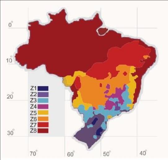27 (Ulim (W(m².k))) representa a transmitância térmica e (Ctlim (KJ/(m².K))) Capacidade térmica. Figura 5 Zonas bioclimáticas brasileiras Fonte: NBR 15220 (ABNT, 2005).