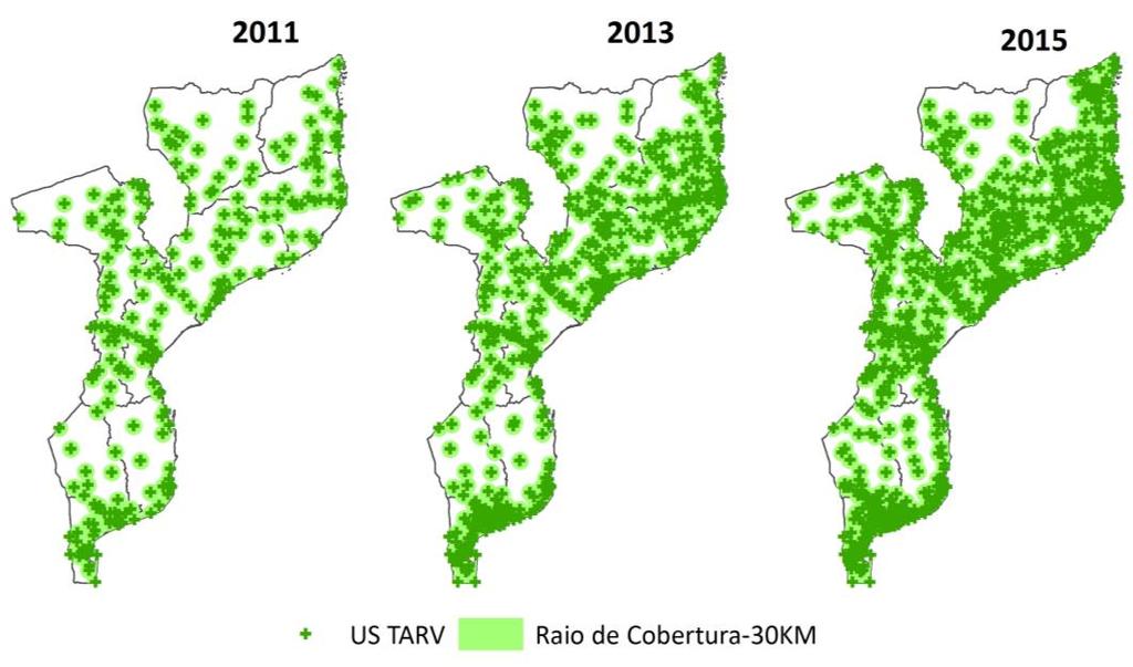Gráfico 2: Cobertura Geográfica TARV, 2011-2015 No que concerne ao número de pacientes em TARV, o gráfico 3 mostra o crescimento dos mesmos no que se refere ao cumulativo em TARV.