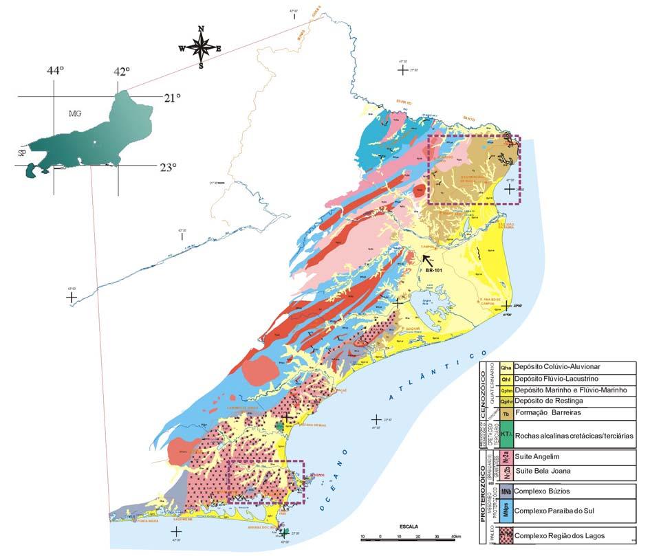 Figura 1: Mapa geológico abrangendo as áreas investigadas neste