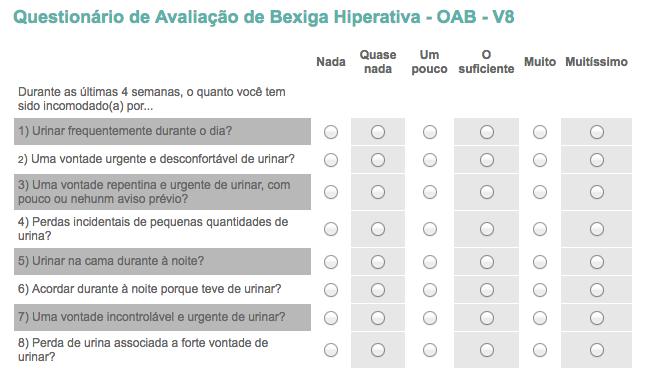 Figura: Questionário OAB-V8 (47) Adaptado de: Acquadro C, Kopp Z, Coyne KS, Corcos J, Tubaro A, Choo MS, et al. Translating overactive bladder questionnaires in 14 languages. Urology.