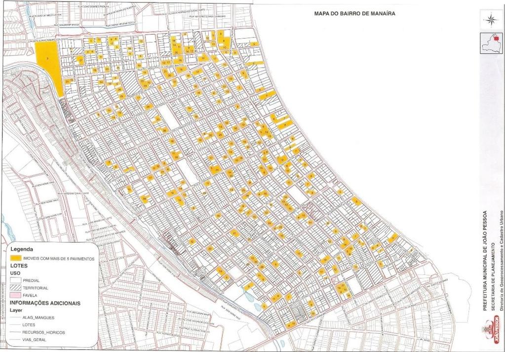 Apêndice 01)) destaca os edifícios com uso predominantemente residencial, totalizando 230 imóveis. Figura 2.3 - Mapa do bairro de Manaíra Edificações com mais de cinco pavimentos (Apêndice 01).