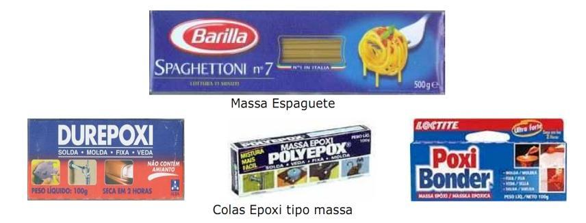 Figura 1. Exemplo de massa espaguete e de colas epóxi tipo massa. Figura 2. Exemplos de colas epóxi tipo resina e cola quente do tipo pistola. 3.