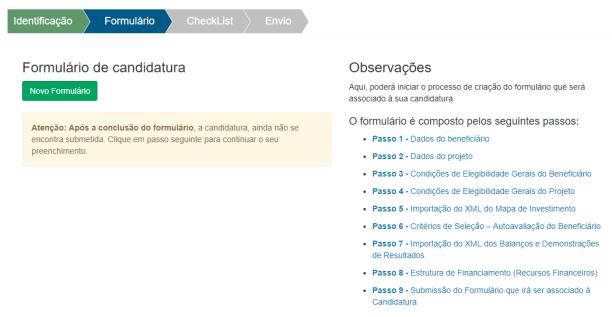 Passo 1 Identificação do Beneficiário 2. É apresentado ao utilizador o primeiro passo onde terá de escolher o sistema de incentivos a que se prontifica a apresentar a candidatura.