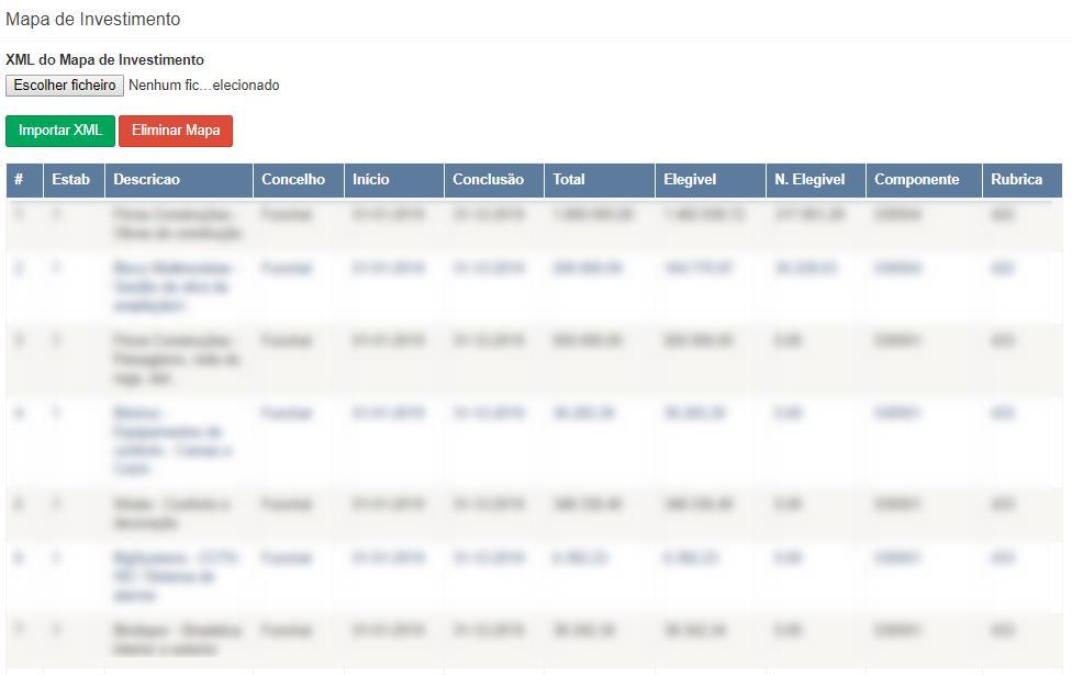 Seguidamente, irá importar este XML do mapa de investimento. Clique então no botão Escolher Ficheiro e, selecione o ficheiro XML. Seguidamente, clique no botão Importar XML.