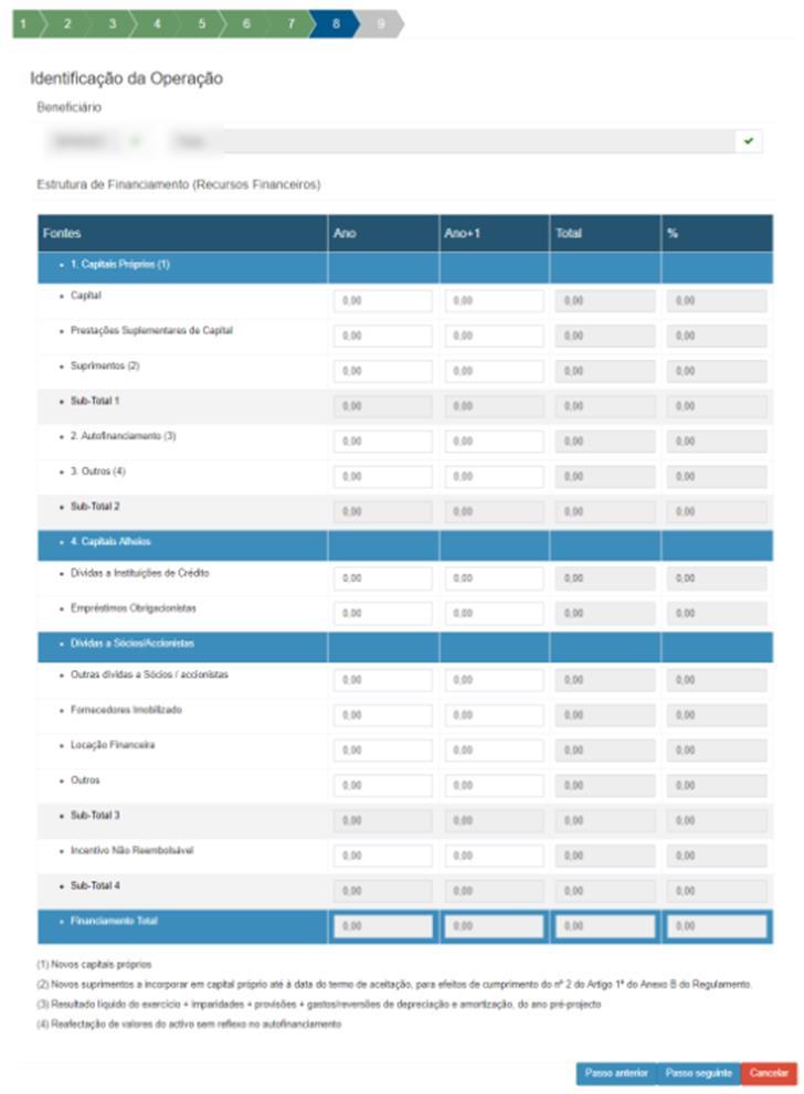 Passo 8 Estrutura de Financiamento (Recursos Financeiros) Neste passo, terá de preencher os dados de Financiamento do Projeto pelas suas Fontes.