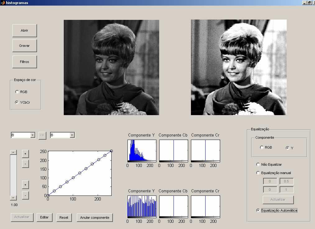 Módulo de manipulação de histogramas Permite a importação de imagens.jpg,.bmp e.tif e escolha do espaço de cores a manipular (RGB ou YCbCr).