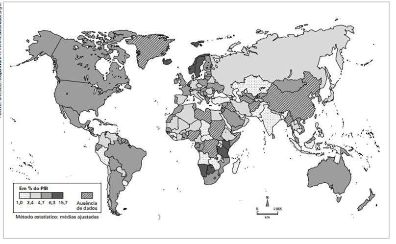 O mapa mostra a área de ocorrência da malária no mundo.