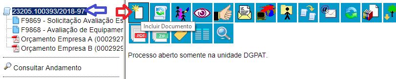 4- O processo está aberto para a Gestão Patrimonial, conforme mostra a seta verde e com os documentos inseridos no processo visíveis para este setor, conforme mostra a seta azul. 8.