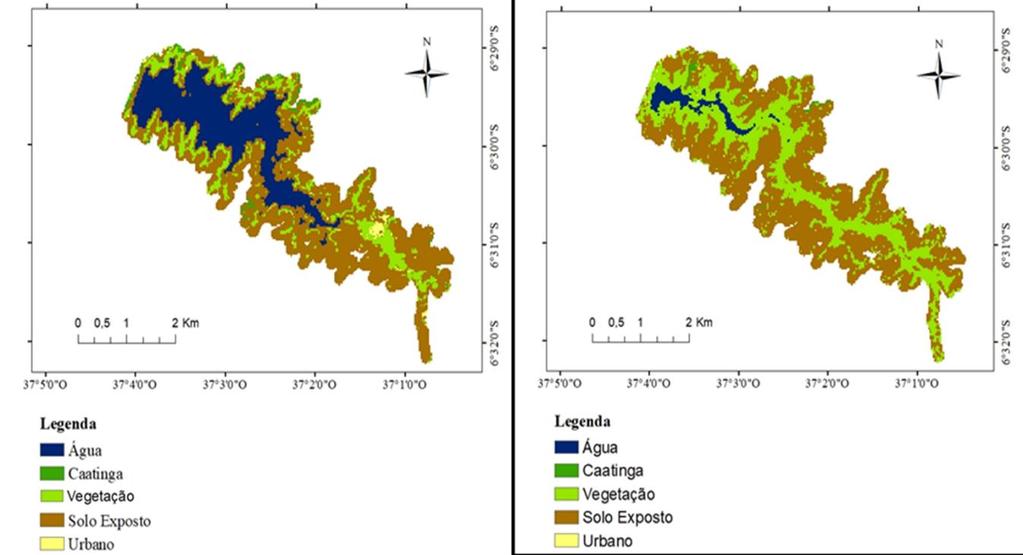 Figura 2 - Mapas de Uso e Ocupação do solo da zona ripária do reservatório de Itans RN nos anos de 2013 e 2018 A zona ripária apresentou uma área de 9,7 km².