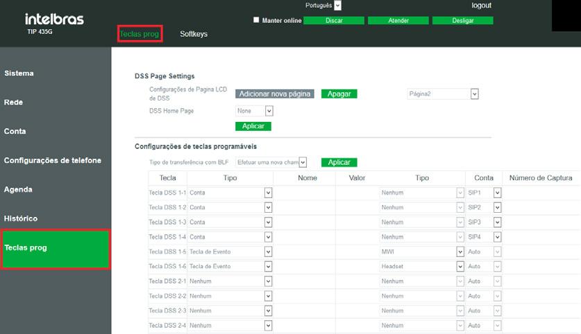 Configurar/editar Tecla DSS Softkey através da interface web 1. Pressione Menu>Básicas>Configurações de teclas>teclas DSS Softkey; 2. Escolha qual tecla deseja configurar (1,2,3.