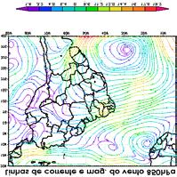 FIGURA 7 Campos de: linhas de corrente e magnitude do vento (m.s -1 ) e velocidade vertical (hpa.s -1 ) para 01 de agosto às 12UTC, em 850hPa.