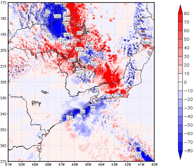 Diferença do campo de precipitação acumulada (mm/24h) entre os