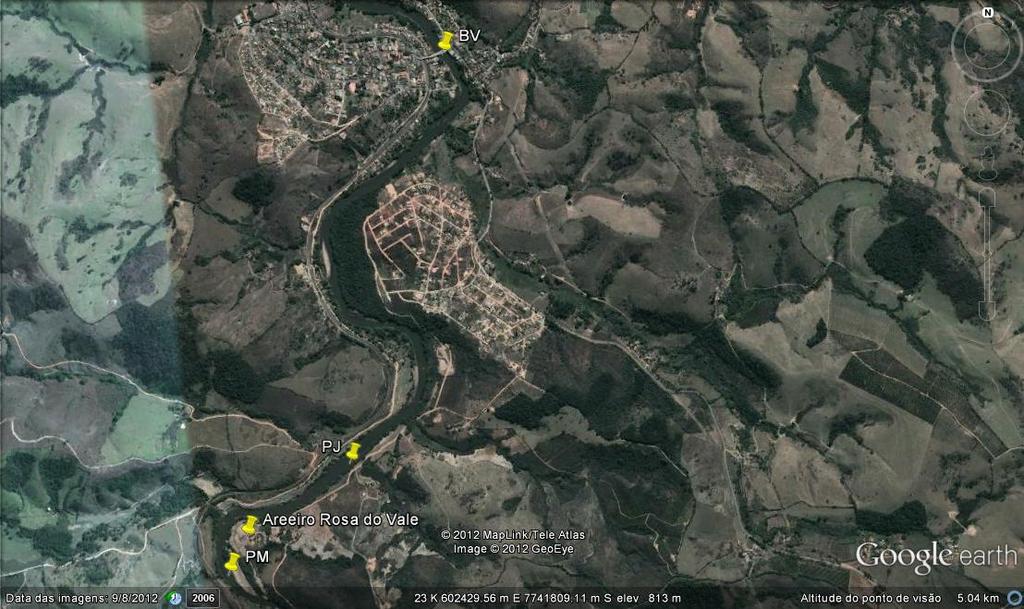 Figura 02 - Imagem de satélite dos pontos de amostragem no Rio Paraopeba, Belo Vale/MG.