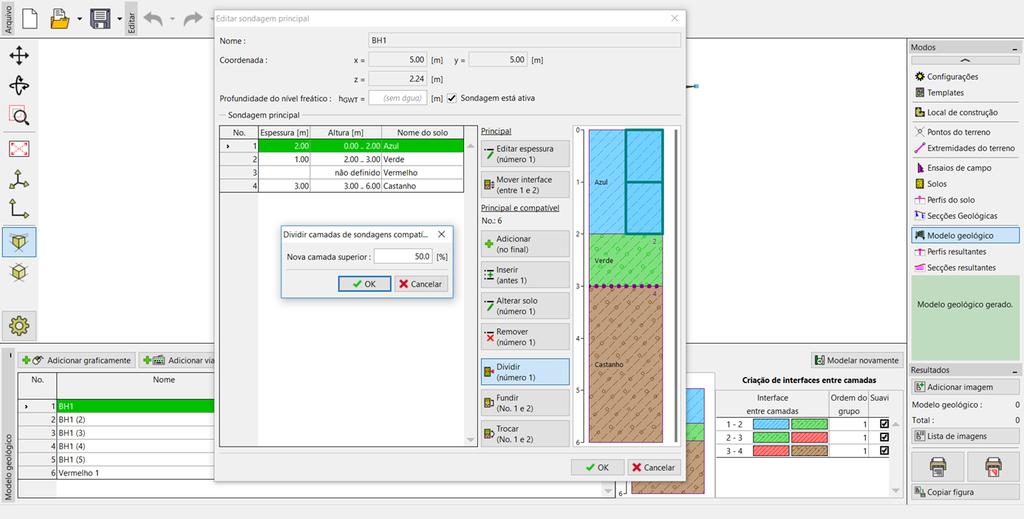 Editamos a sondagem principal na janela Modelo geológico - primeiro, dividimos a camada azul através do botão Dividir camada (No.