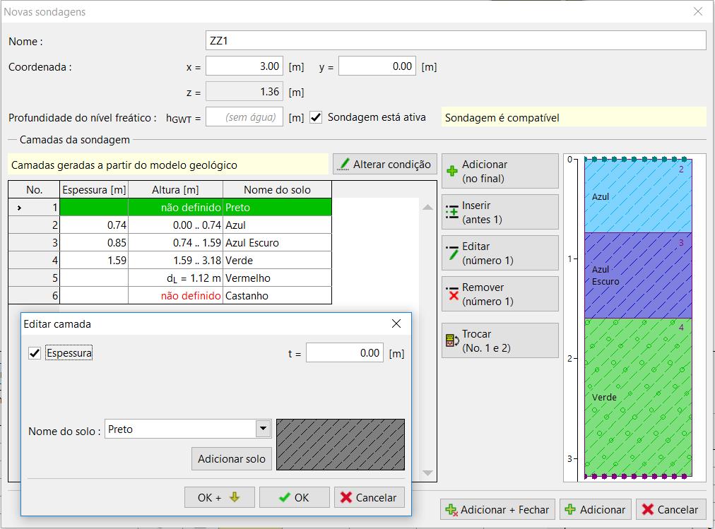 Após definir as coordenadas [3;0], o perfil geológico é carregado a partir do modelo.