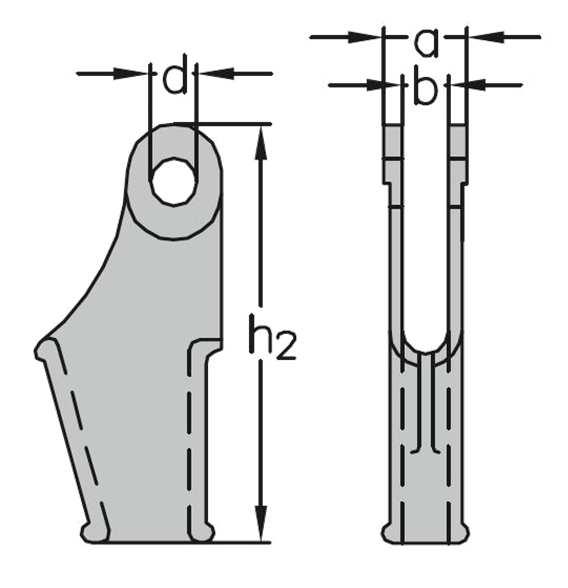 Terminais de Cunha, modelo Assimétrico: Modelo assimétrico: Diâmetro do cabo a b d Nota: terminal com cunha e perno, com porca e troço incluídos.