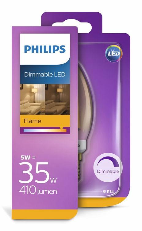 PHILIPS LED Chama (intensidade de luz regulável) 5 W (35 W) E14 Branca extraquente Intensidade regulável Concebida para ser vista Formatos familiares que adora.