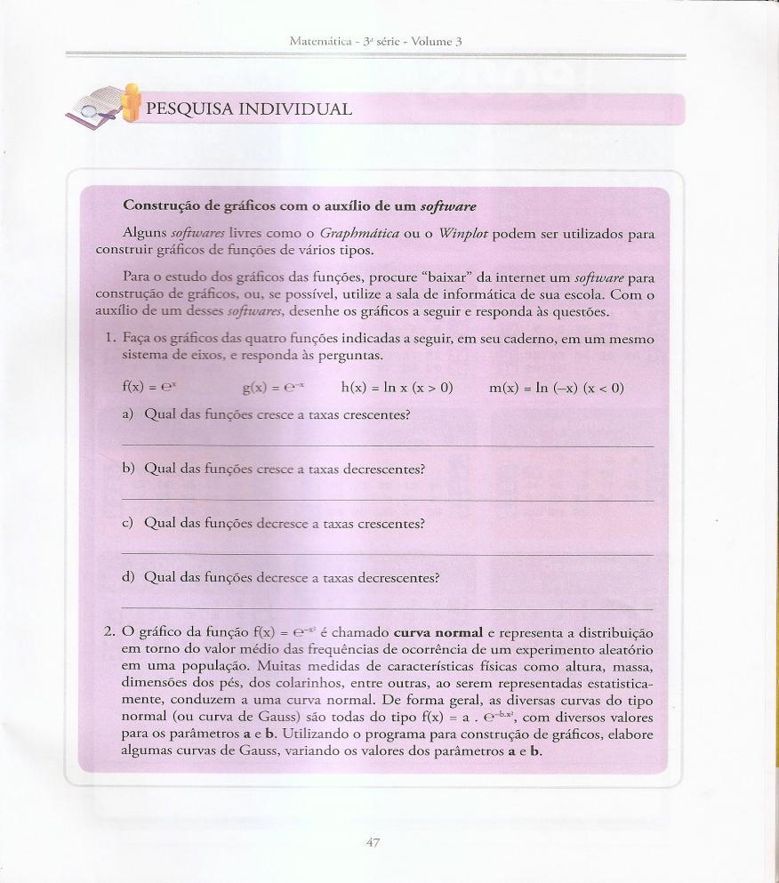 individual; quadro resumo; lição de casa. Em algumas destas atividades é sugerido, aos alunos, para a construção de gráficos, o uso do software de matemática Graphmatica.