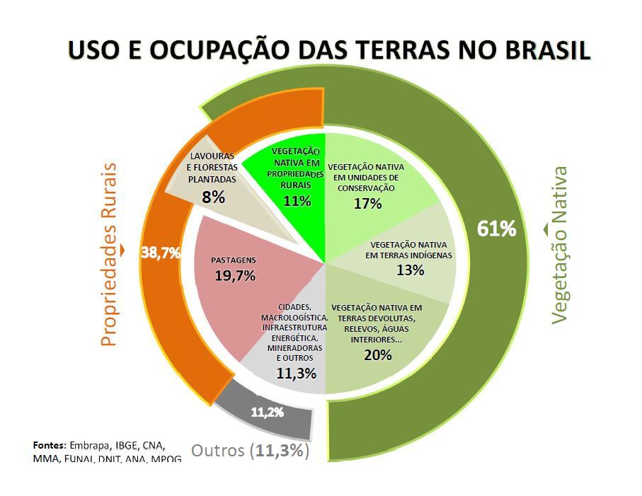 Uso e ocupação das terras no Brasil Lavouras e Florestas Plantadas 68 Mha Cultivos % Cana de Açúcar 11,2 Floresta Plantada 9,5 Fruticultura 4,6 Café 3,4