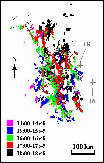 A distribuição discreta e em linhas dos ecos de radar com Z>40 dbz descrita acima foi igualmente observada no caso do SCM que ocorreu sobre o Estado do Paraná no dia 24 de novembro de 2000, como