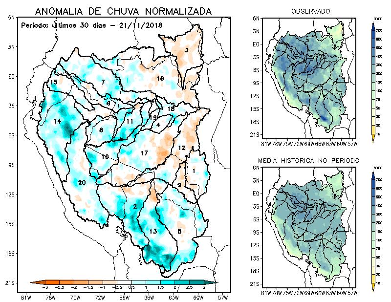 Durante o período em análise, 22 de outubro a 21 de novembro de 2018, observam-se aumentos de precipitação nas bacias ao sul da região e manutenção dos volumes observados no extremo norte, o menor