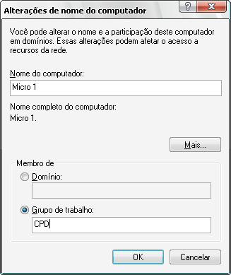 Na próxima janela que se abre clique nas opções Nome do computador e Grupo de trabalho, faça as alterações devidas e clique em OK. Confirme todas as janelas subseqüentes e deixe o Windows reiniciar.