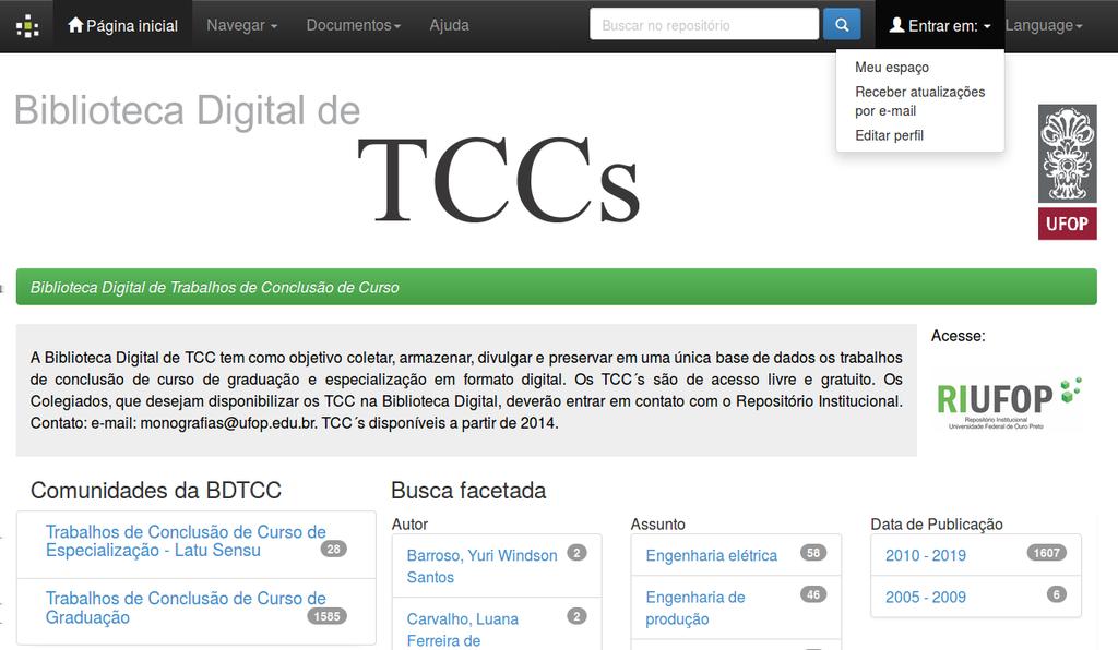 11 1 APRESENTAÇÃO Este documento tem como objetivo orientar os usuários no depósito TCC na Biblioteca Digital de Trabalhos de Conclusão de Curso (BDTCC) da Universidade Federal de Ouro Preto <www.