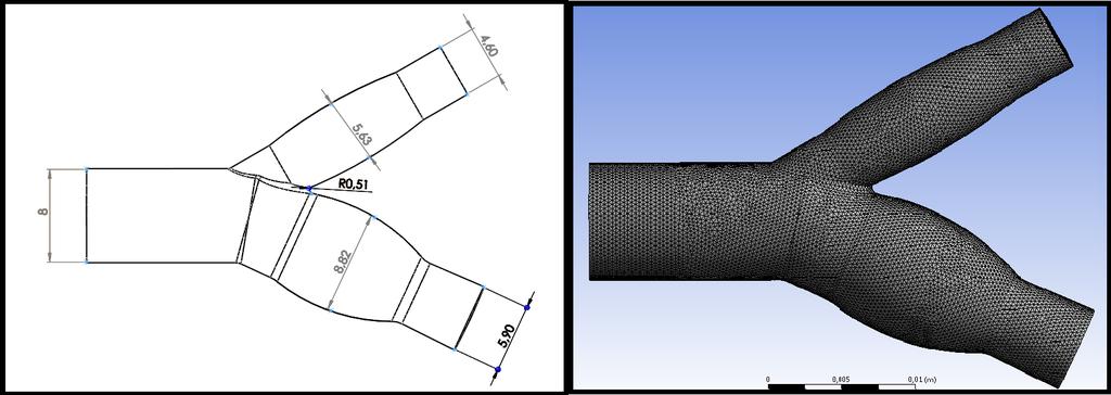 bifurcação que representa perda de carga no escoamento interno. Essa geometria foi modelada utilizando o software de Computer Aided Design (CAD) 3D SolidWorks.