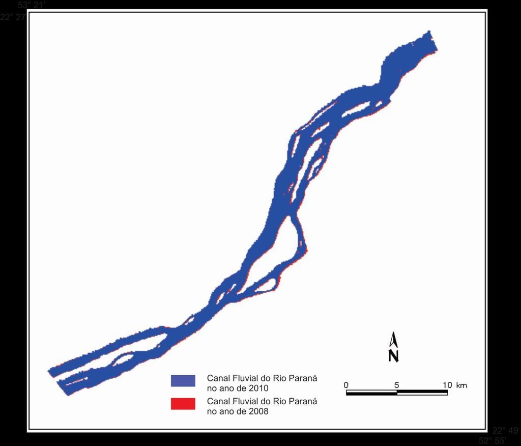 Figura 04: Sobreposição das figuras de 2010 (azul) e 2008 (amarelo). Fonte: Puerta, L. L. (2010). A avaliação de área do canal foi calculada entre os anos de 2008 e 2009, no período de inundação.