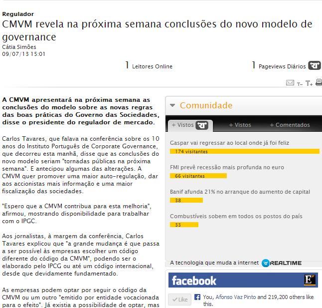 ONLINE A CMVM apresentará na próxima semana as conclusões do modelo sobre as novas regras das boas práticas do Governo das Sociedades, disse o presidente do regulador de mercado.