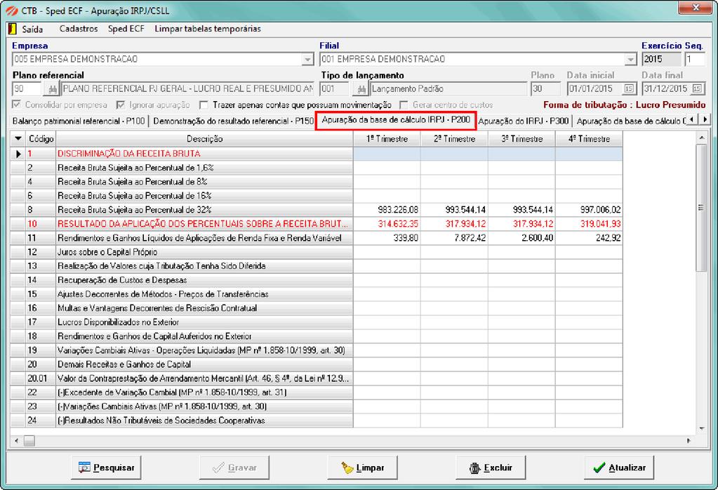 6.3 Apuração da base de cálculo IRPJ P200, Apuração do IRPJ P300, Apuração da base de cálculo CSLL P400 e Apuração da CSLL P500 Itens em vermelho tratam-se de rótulo ou possuem fórmula.