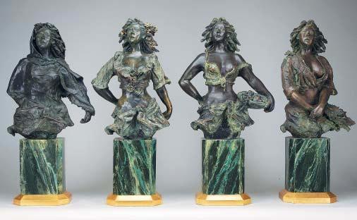 1945, QUATRO ESTAÇÕES, esculturas em bronze, bases em madeira marmoreadas a verde