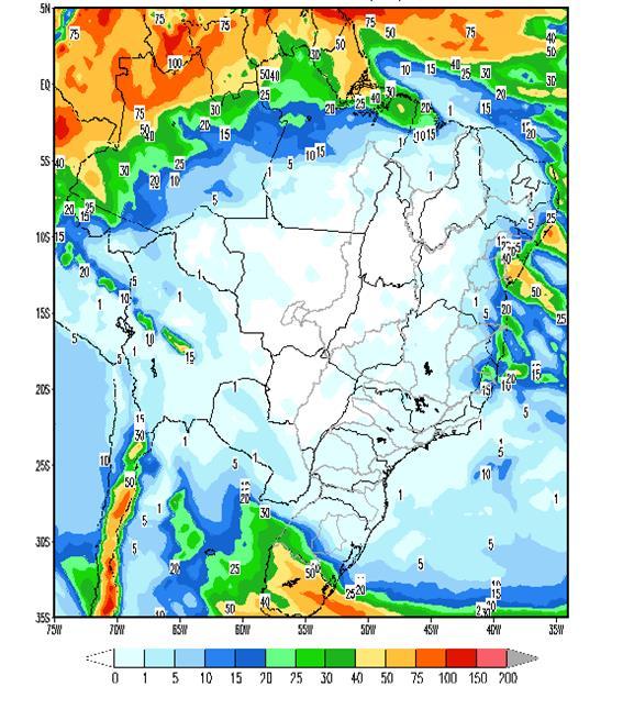Figura 1 - Precipitação acumulada prevista pelo modelo ETA (CPTEC/INPE) para o período de 23 a 28/06/19 Nas bacias dos rios Paranapanema, Grande, Paranaíba e Iguaçu, e parte das bacias dos rios São