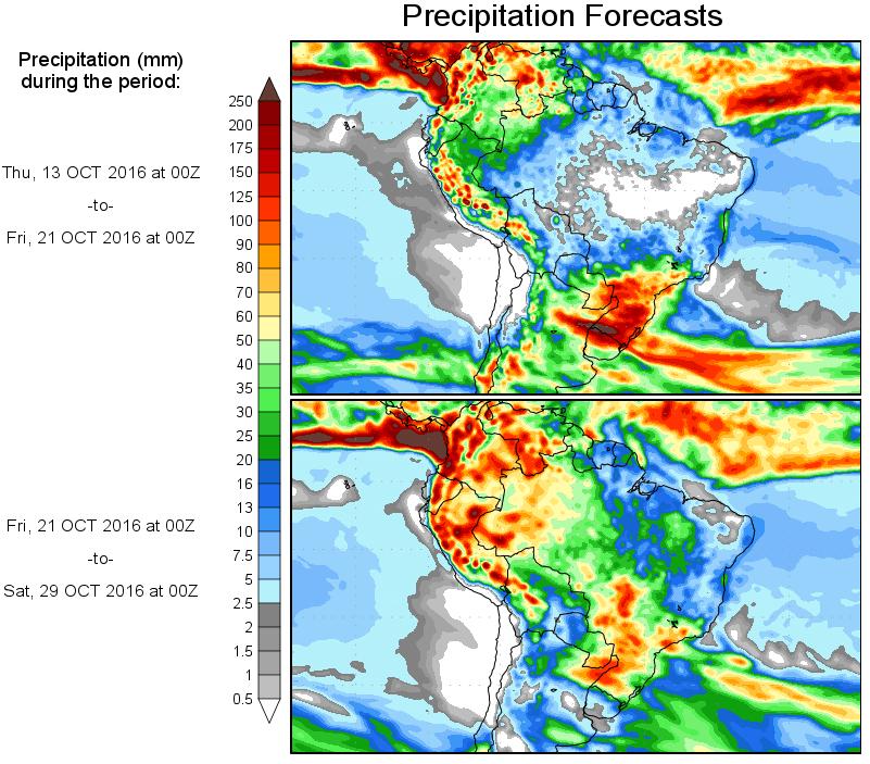 Segundo o Center for Ocean Land Atmosphere Studies - COLA, o prognóstico de precipitação para o período de 13 a 21 de outubro de 2016 sugere que os acumulados mais significativos são esperados sobre