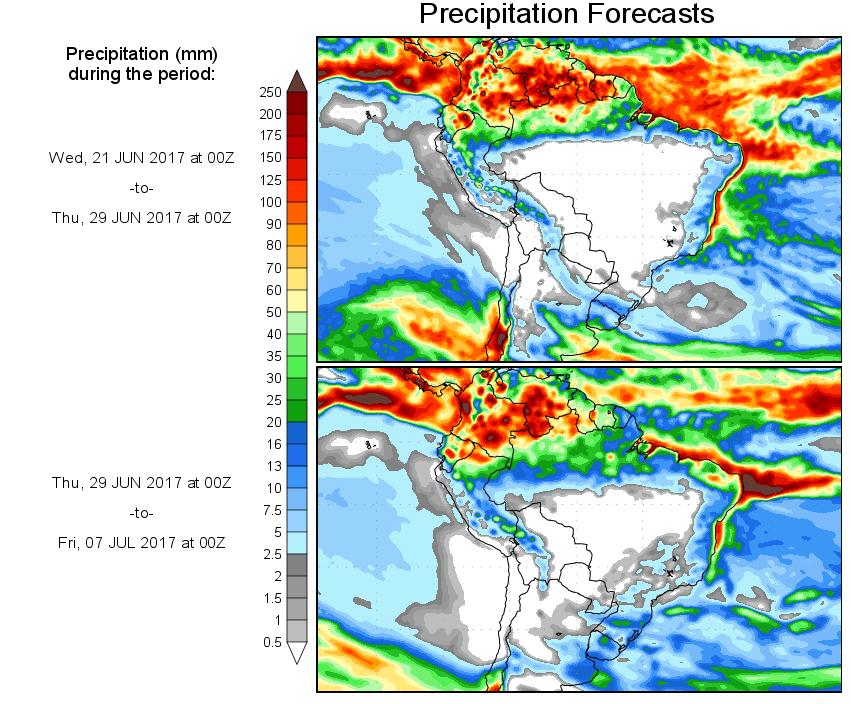 Segundo o Center for Ocean Land Atmosphere Studies - COLA, o prognóstico de precipitação para o período de 21 a 29 de junho de 2017 indica possibilidade de chuvas significativas sobre o estado de