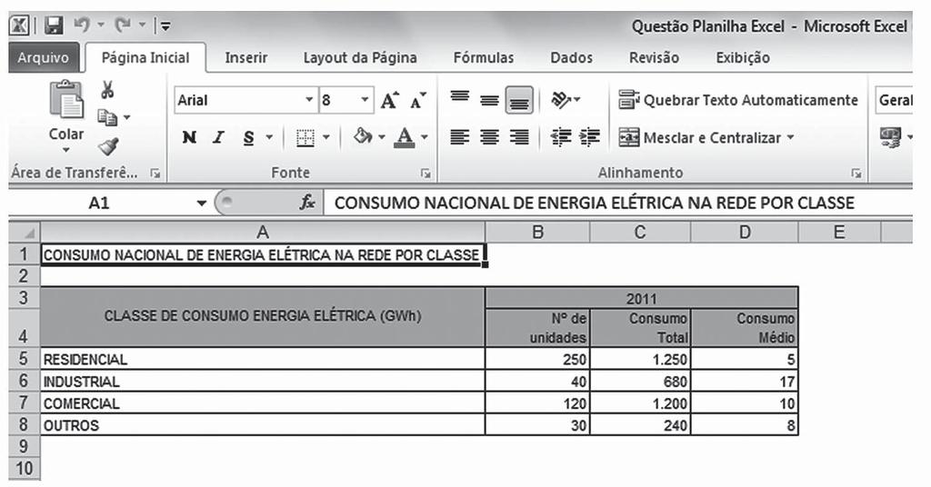 50 A figura abaixo apresenta um trecho de uma planilha do Microsoft Excel 2007 com dados fictícios. As três fórmulas =CONCATENAR(A5; / ;A8) =SOMA(D5;D8) =CONT.