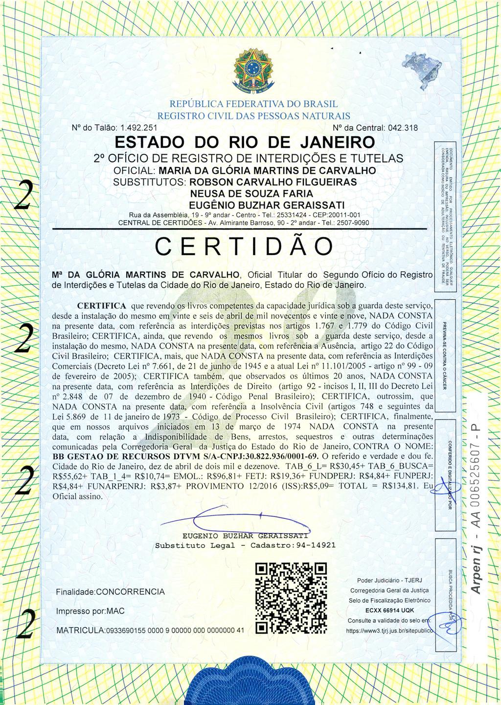 REPÚBLICA FEDERATIVA DO BRASIL REGISTRO CIVIL DAS PESSOAS NATURAIS N do Talão: 1.492.251 N da Central: 042.
